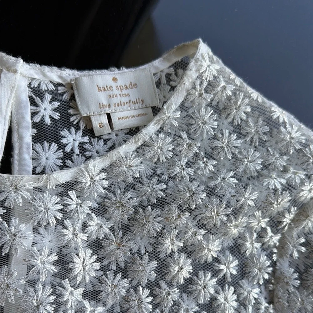 Kate Spade Delicate Shimmery Silver and White Embroidered Floral Lace Top